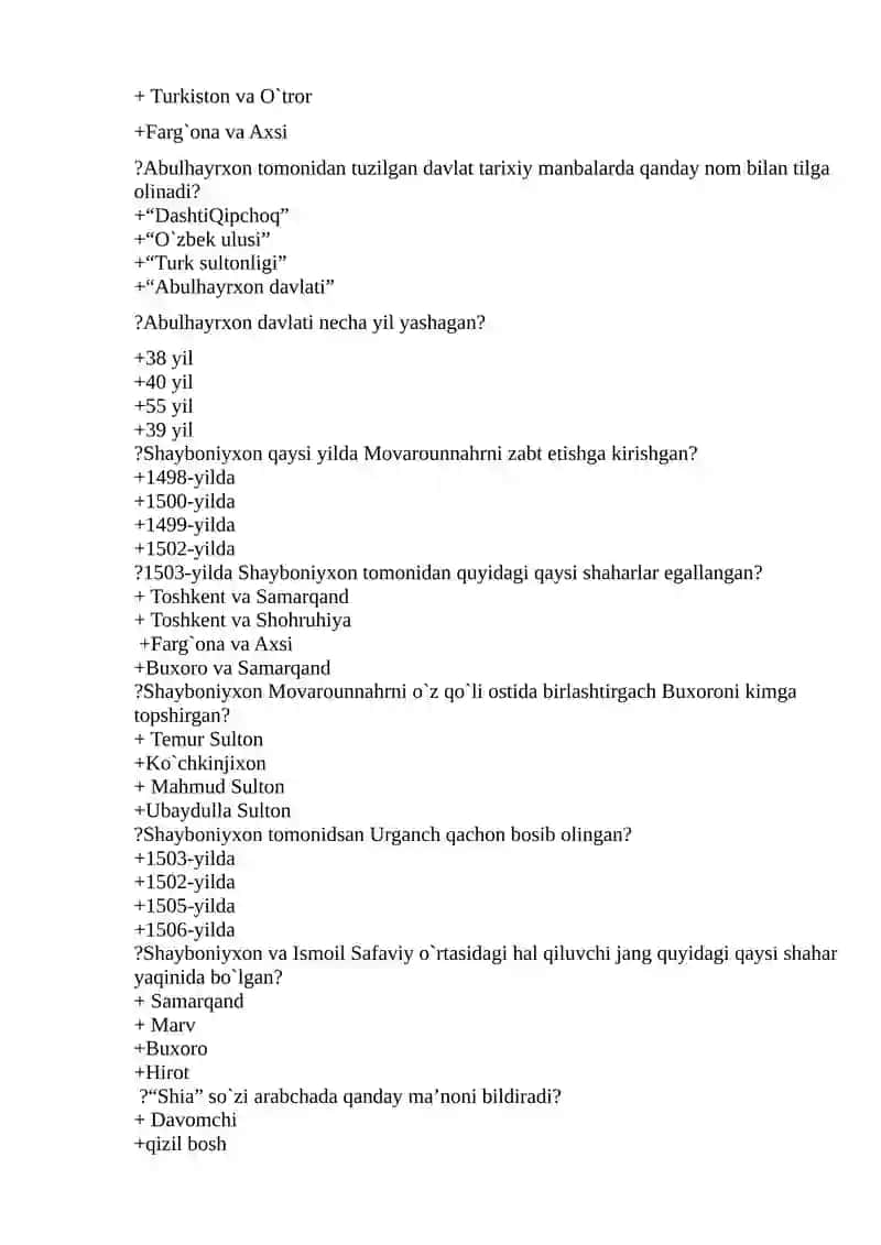 O’zbekiston tarixidan testlar II-kurs I-semestr 2