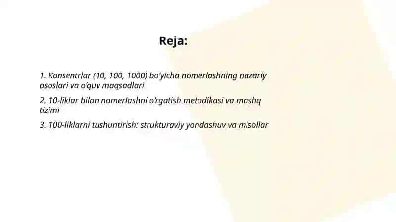 Konsentrlar (10,100,1000 va ko'p xonali sonlar)bo'yicha nomerlashga o'rgatish metodi 2