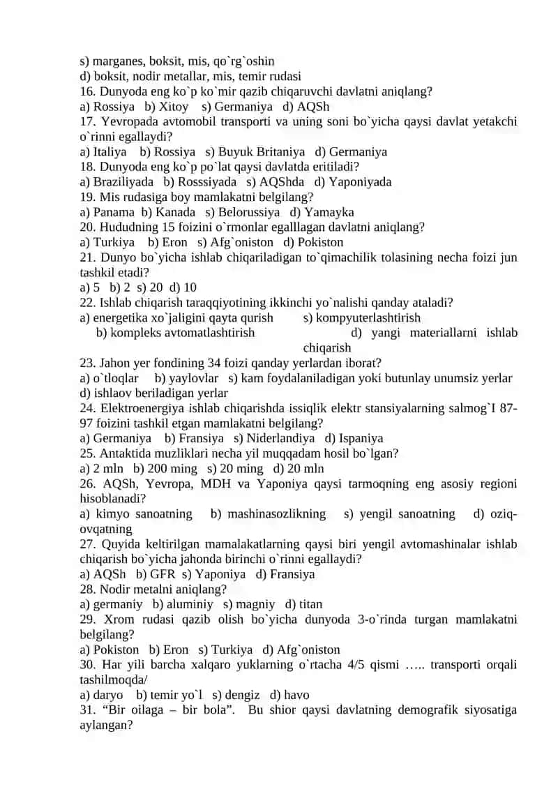 JAHON MAMLAKATLARI IQTISODIY VA IJTIMOIY GEOGRAFIYASI 3-variant da 2