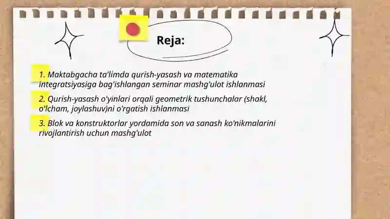 Maktabgacha ta'limda qurish yasash va matematika seminar mashg'uloti 2