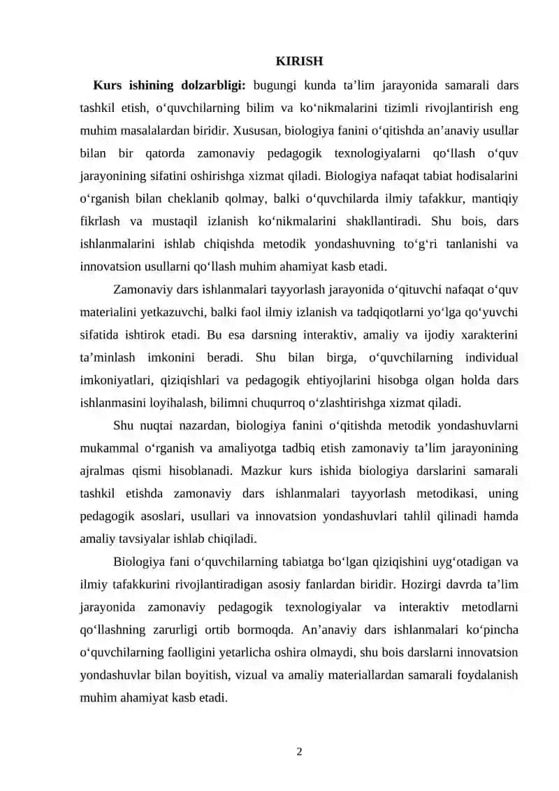 Zamonaviy dars ishlanmalari tayyorlashda biologiya o‘qitish metodikasi 2