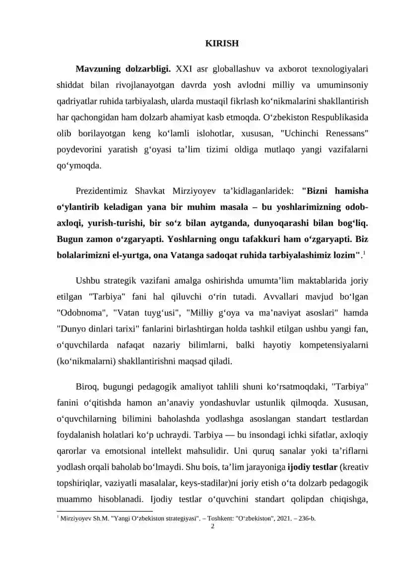 TARBIYA FANINI O‘QITISHDA IJODIY TESTLARDAN FOYDALANISH METODIKASI 2