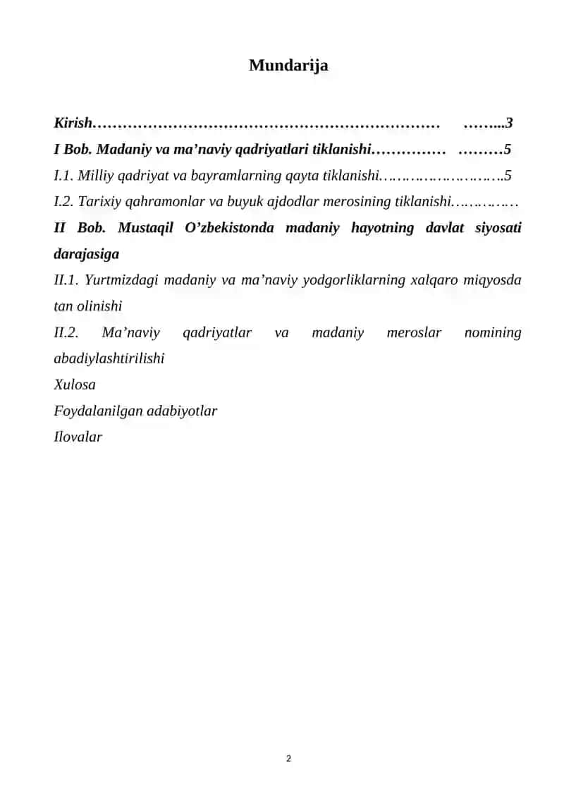 MUSTAQILLIK YILLARIDA O‘ZBEKISTON RESPUBLIKASIDA MADANIY VA MA’RIFIY SOHADA AMALGA OSHIRILAYOTGAN ISLOHOTLAR KURS ISHI 2