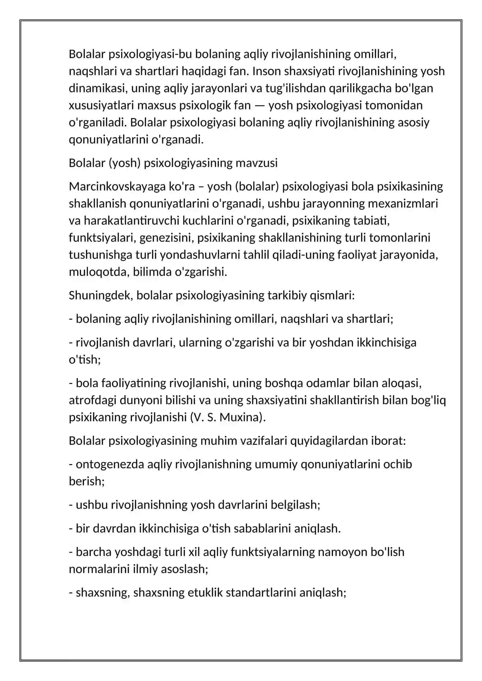 Bolalar psixologiyasi va psixodiagnostikasi fanining predmeti. Fanning asosiy tamoyillari va tushunchalari 2