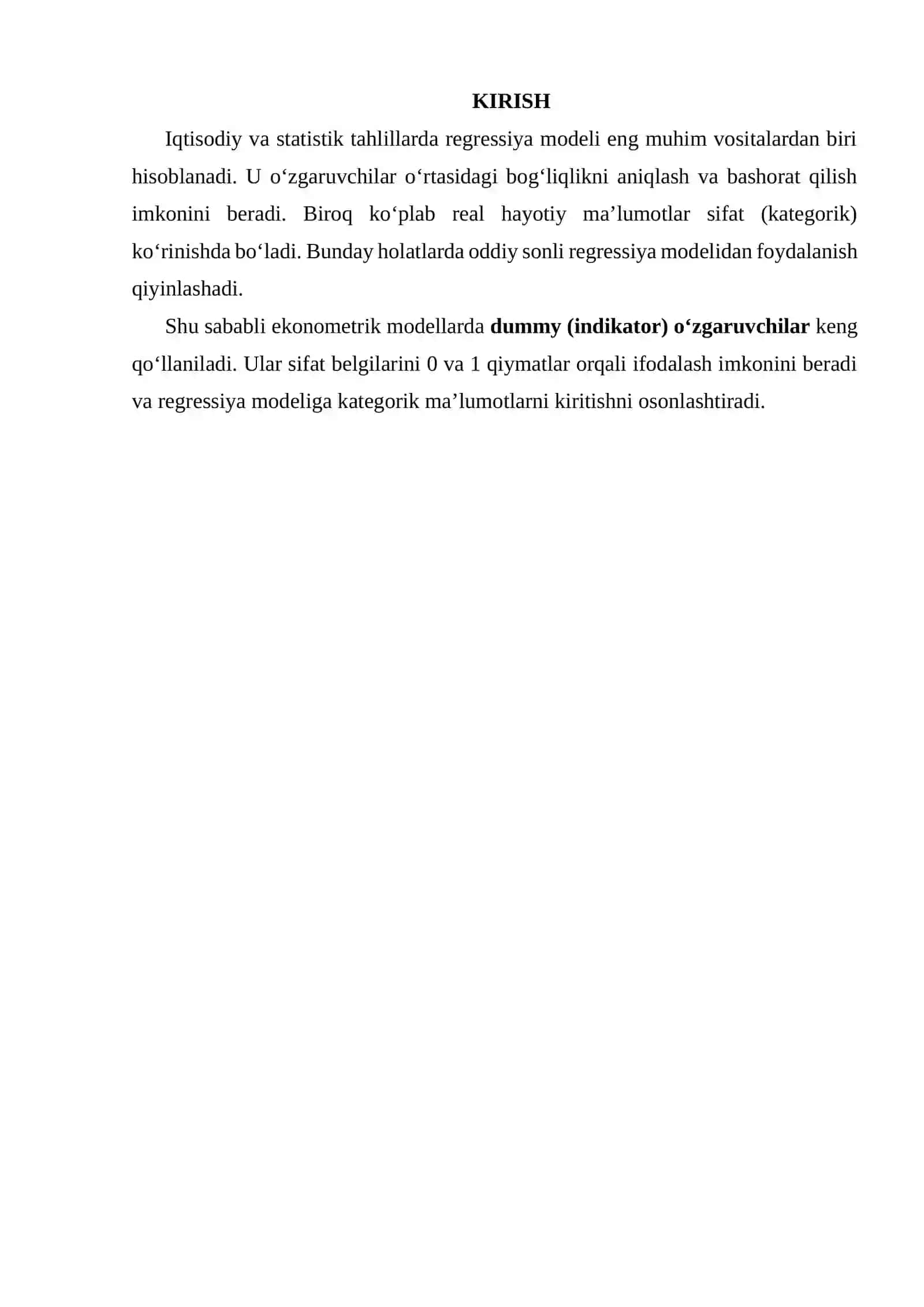 Dummy Indikator o‘zgaruvchilarni Regressiya Modeliga Kiritish 2