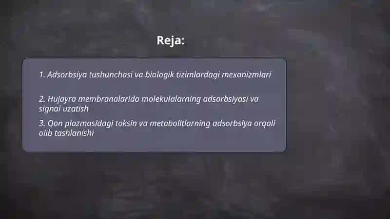 Organizmlarning hayot faoliyatida va davolash usullarida adsorbsiya jarayonining ahamiyati 2