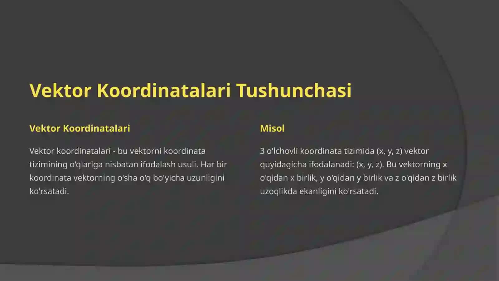 Turli bazislarda vektor kardinatalar orasidagi bogʻlanish qism fazo qism fazolarni yigʻindisi va kesishmasi 2