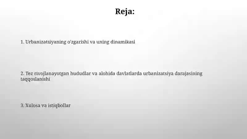 Tez rivojlanayotgan hududlar va alohida mamlakatlarda urbanizatsiya darajasini taqqoslash 2