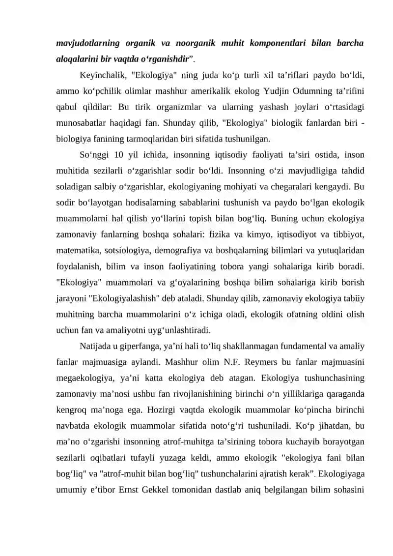 “EKOLOGIYA VA TABIATNI MUHOFAZA QILISH” FANINING PREDMETI, MAQSADI, VAZIFALARI, TARIXI 2