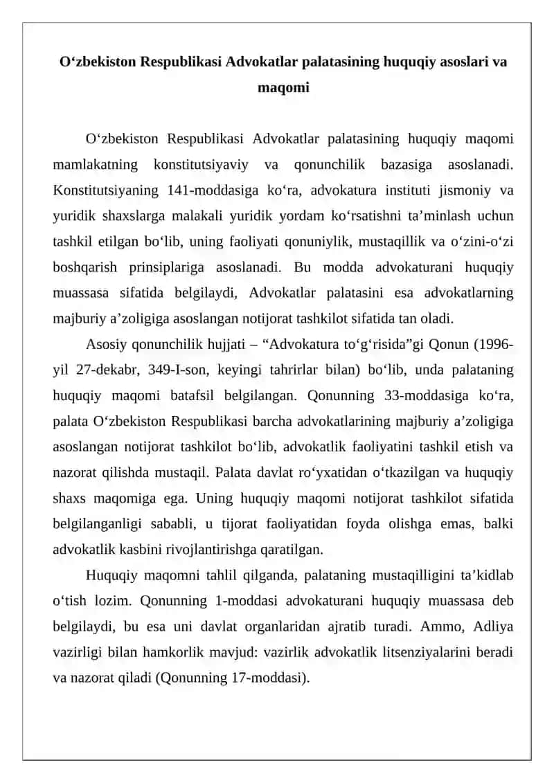Oʻzbekiston Respublikasi Advokatlar palatasining huquqiy maqomi Tahliliy material 2
