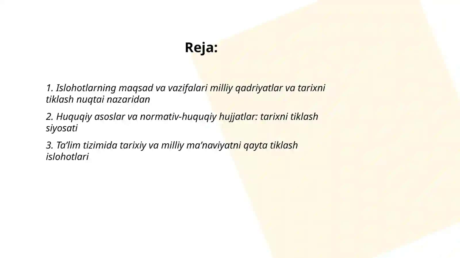 Oʻzbekistonda milliy qadriyatlar va tarixini tiklash borasidagi islohotlar mazmuni 2