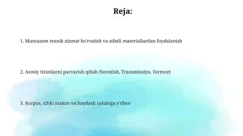 Avtomobil transporti vositalarining xizmat muddatini oshirish usullari 2