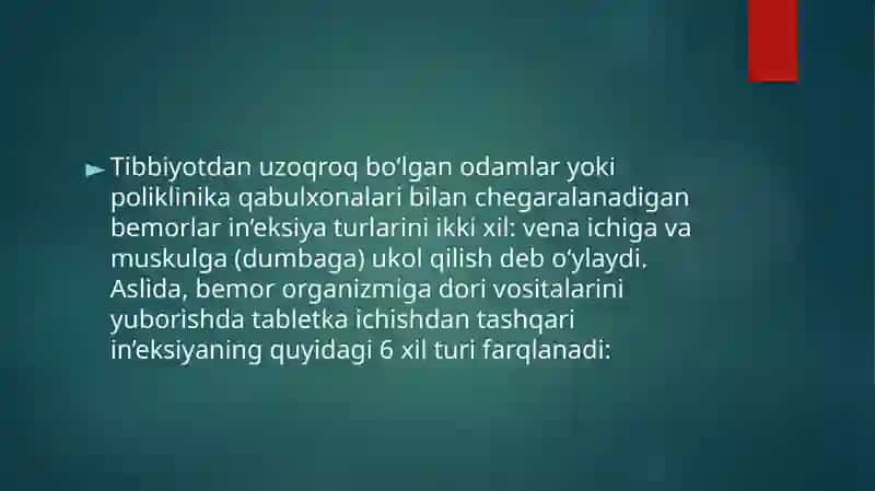 Muolaja xonasida dori vositalarini teri osti, mushak orasiga va vena ichiga in’eksiya qilish metodika bilan tanishish 2