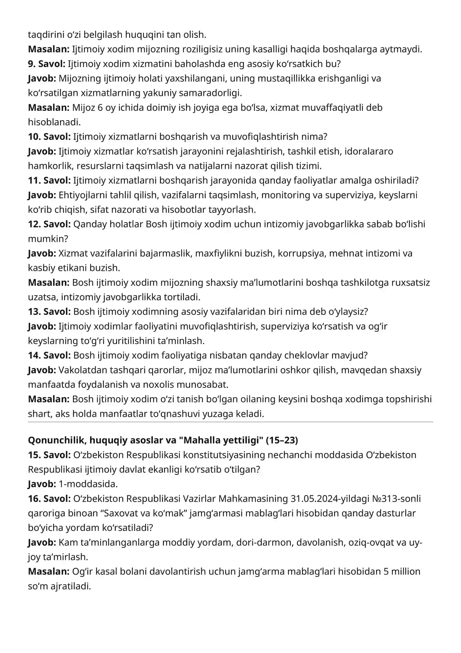 Agros 2026 suhbat savollari javoblari va misollar bilan javob berilgan jami 190 savol  (Ijtimoiy xodim) 2