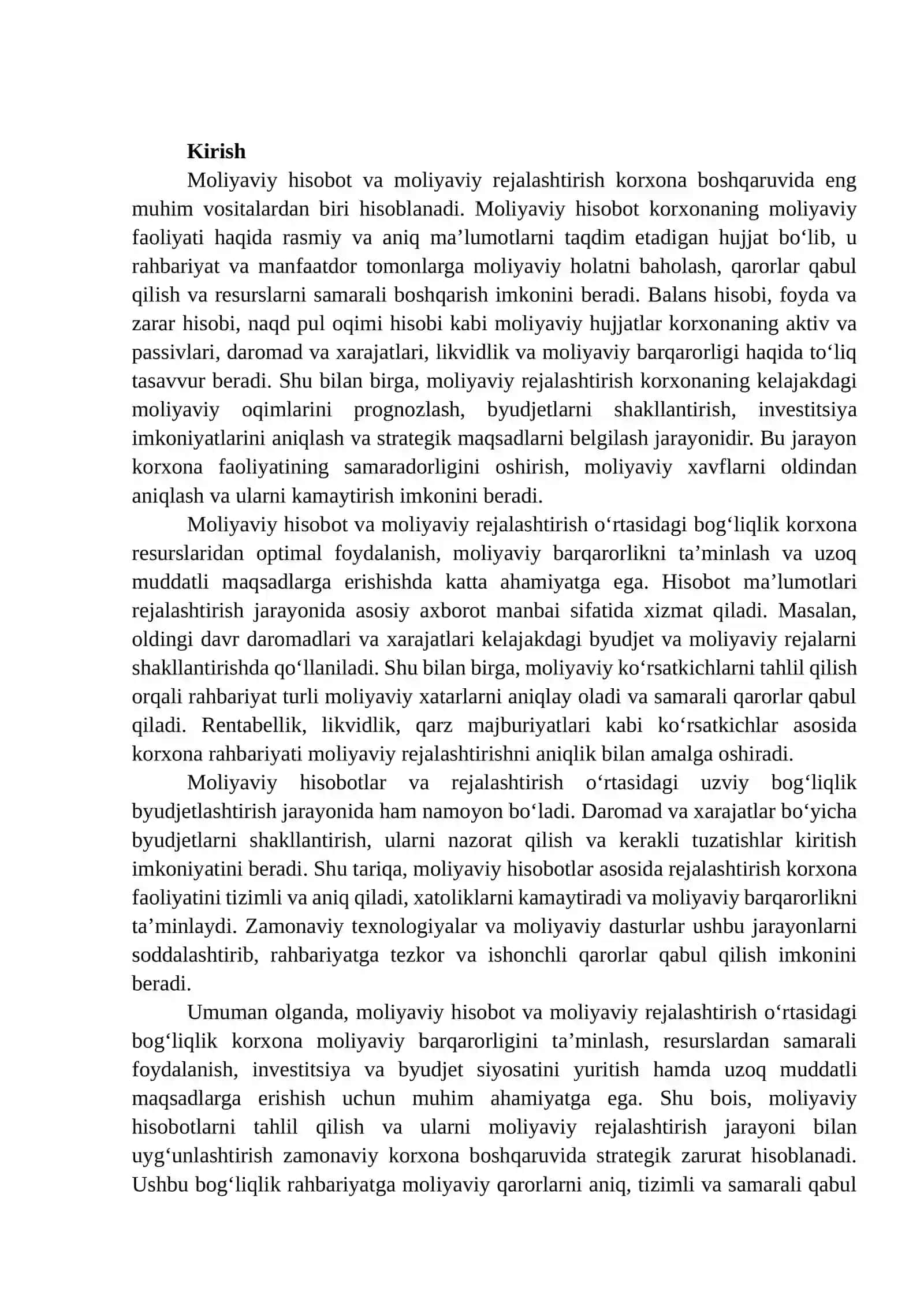 MOLIYAVIY HISOBOT VA MOLIYAVIY REJALASHTIRISH O‘RTASIDAGI BOG‘LIQLIK 2