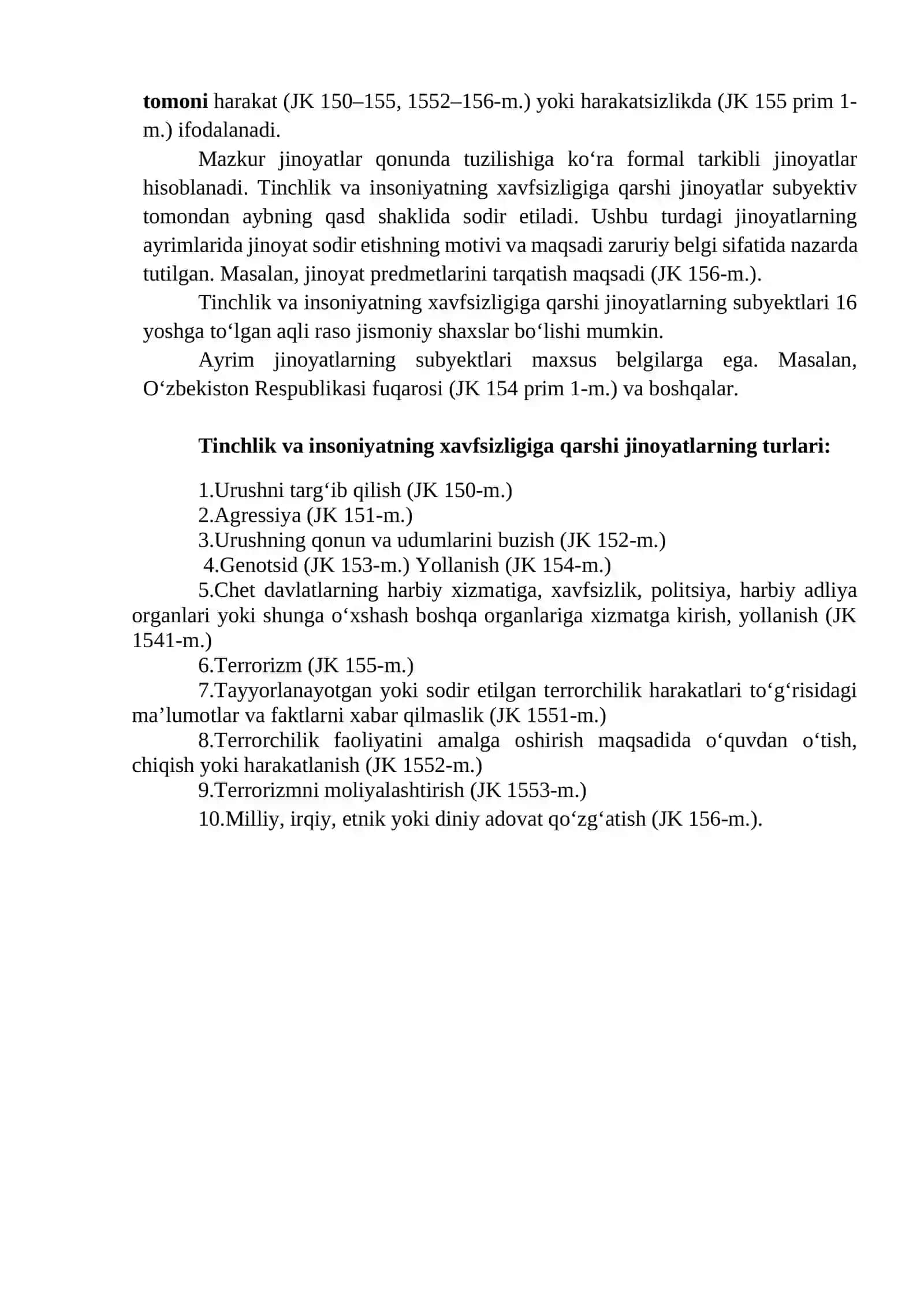 4-mavzu: Tinchlik va xavfsizlikka qarshi jinoyatlaming umumiy tavsifi 2