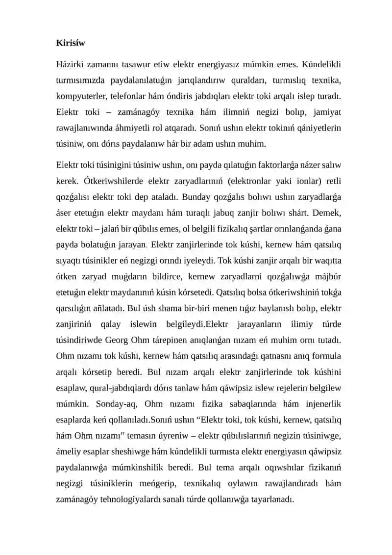 Elektr toki, tok kúshi, kernew, qatsılıq hám Onıń nızamı (Om nızamı) 2