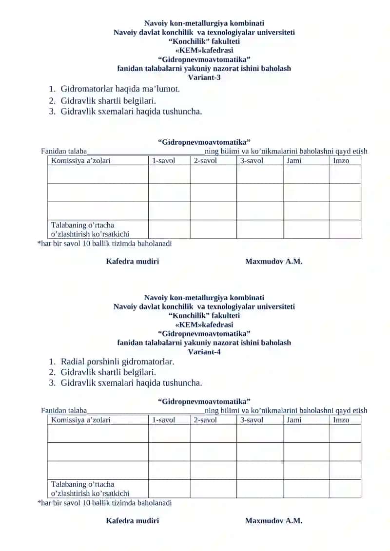 Gidropnevmoavtomatika fanidan talabalarni yakuniy nazorat ishi 2