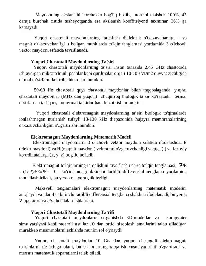 Yuqori chastotali maydonlar. Vektor, tenzor, analiz elementlari 2