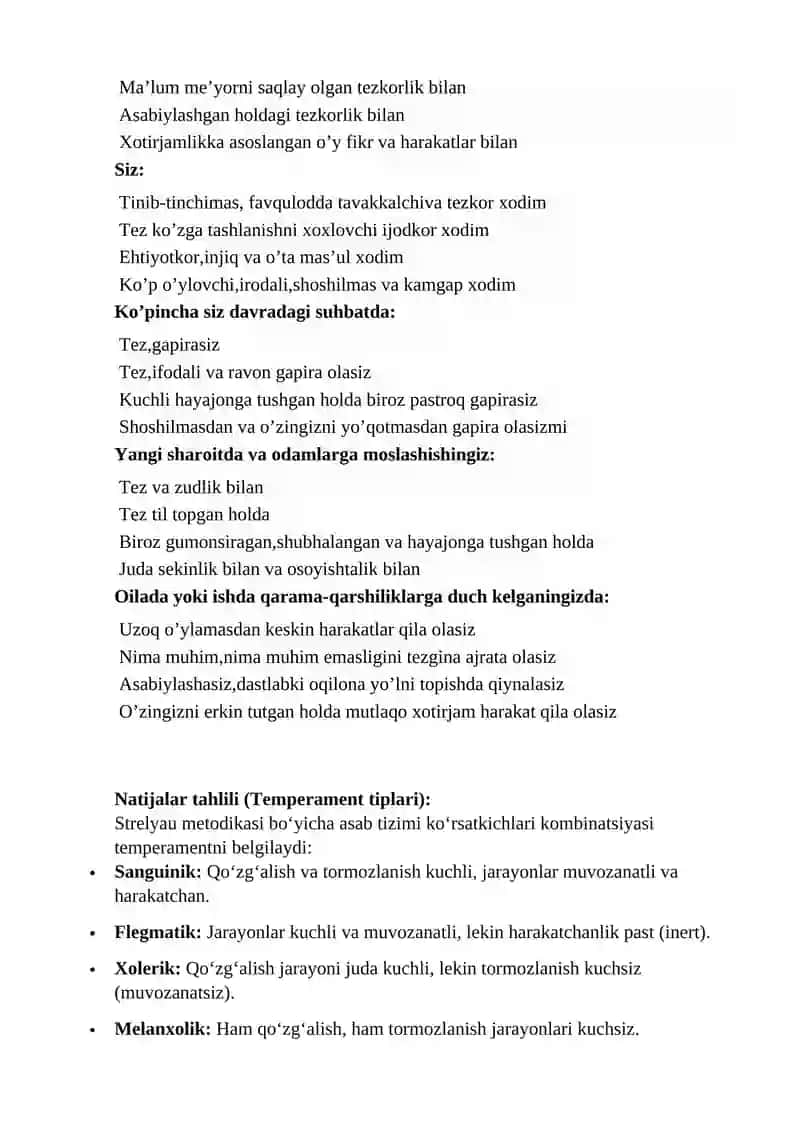 Ya.Strelyauning temperamentni aniqlash test-so'rovnomasi 2