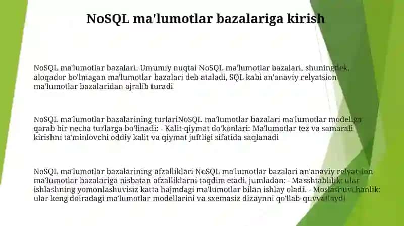 NoSQL ma'lumotlar bazalari va ularning turli turlari 2