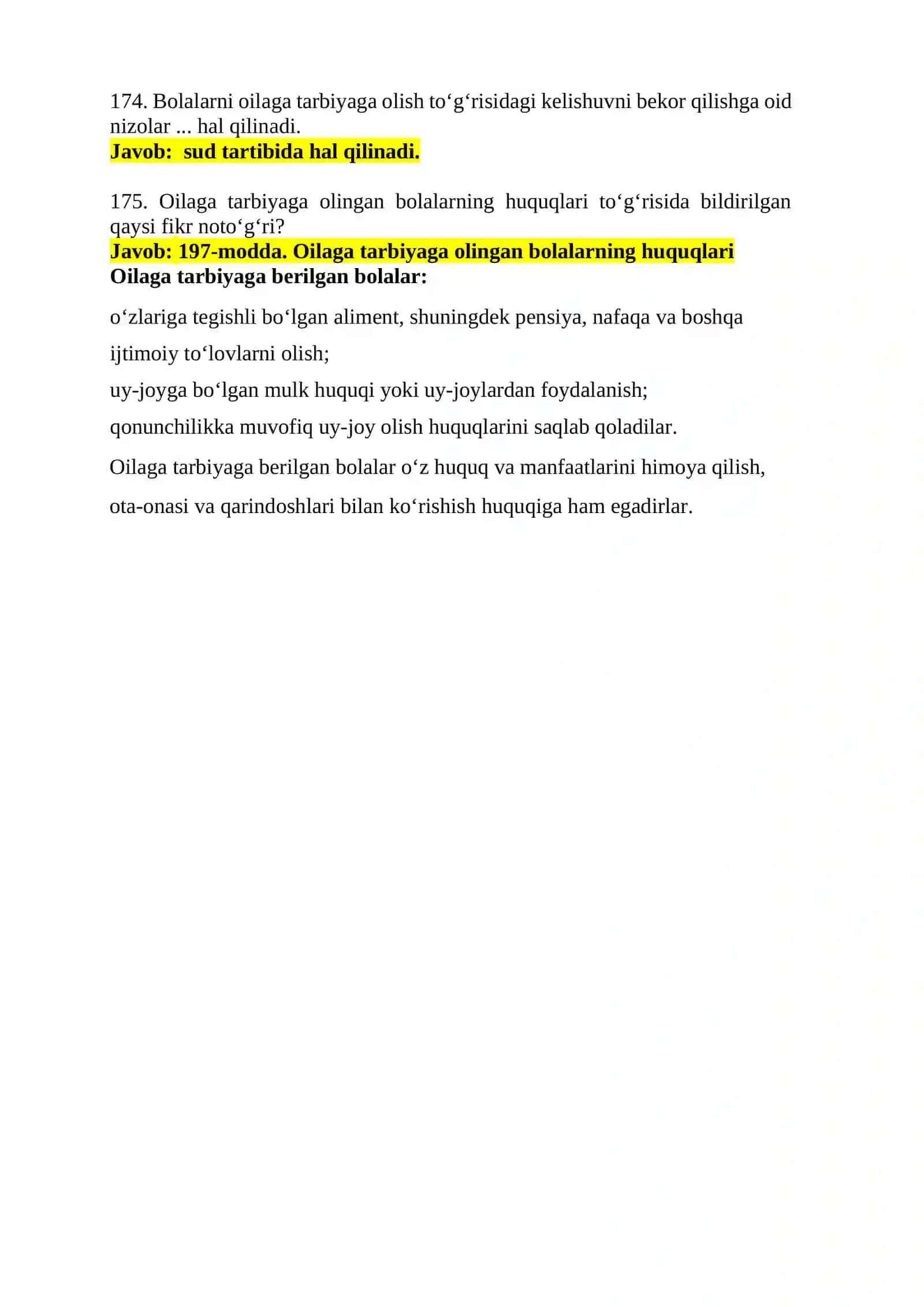 Oila huquqi oraliq test javoblari 2