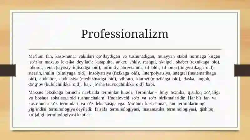 Professionalizm va tilning milliy xoslangan birlikari. 2