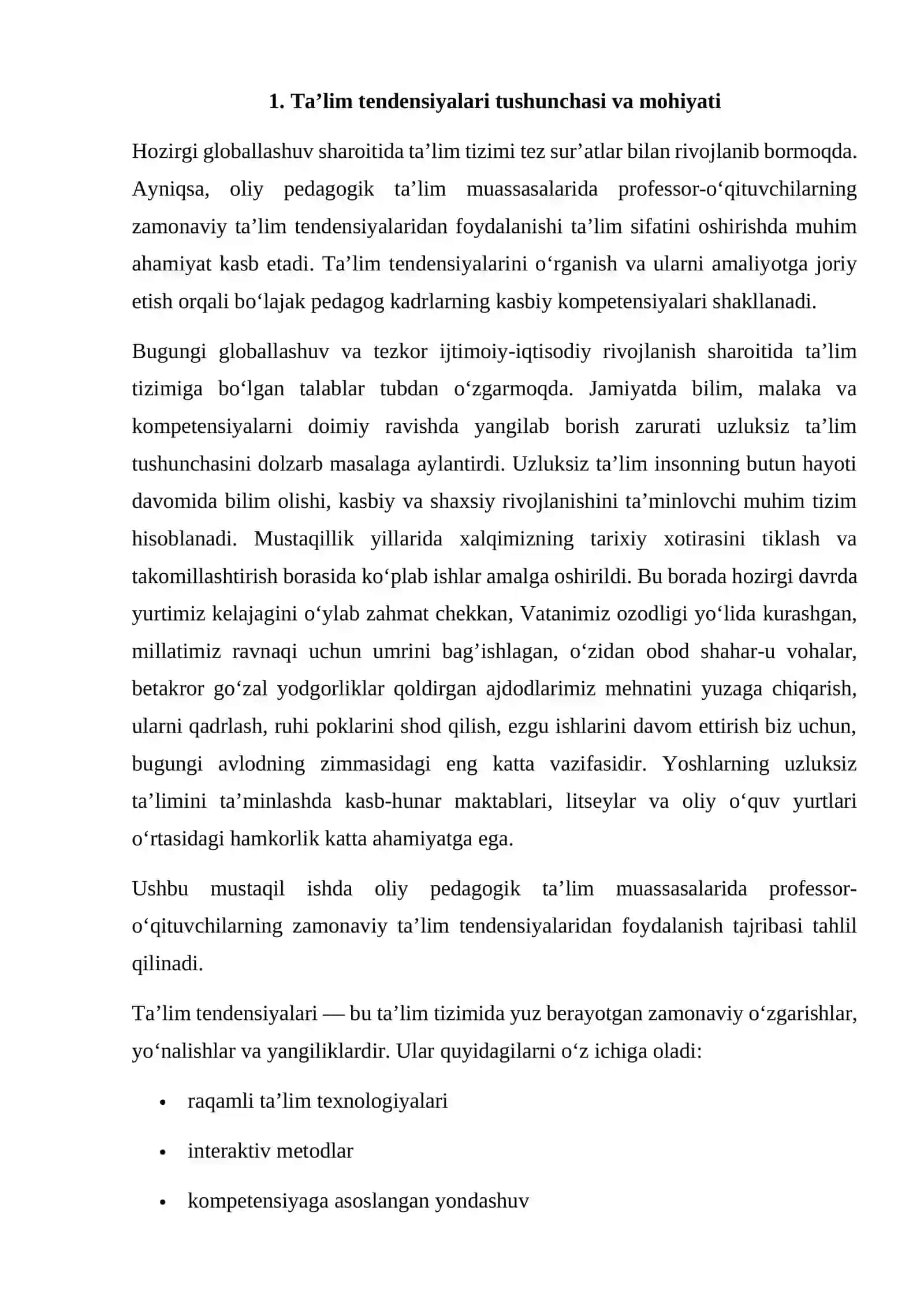 Oliy pedagogik ta’lim muassasalari professor o’qituvchilarining ta’limtendensiyalaridan foydalanish tajribasini o’rganish 2