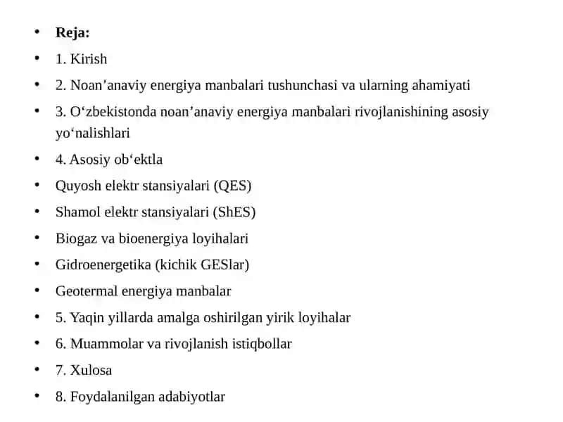 O‘zbekistondan noan’anaviy energiya manbalarining asosiy ob‘ektlari 2