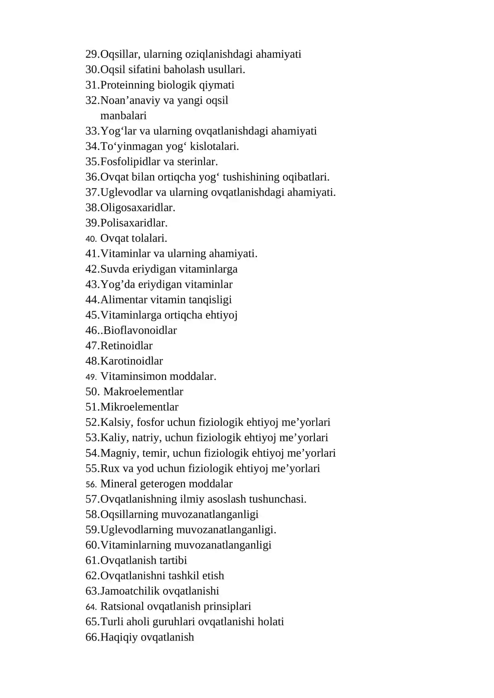 Ovqatlanishfiziologiyasi fanidan oraliq va yakuniy nazorat savollari 2