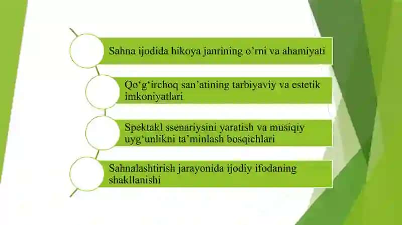Hikoya asosida qo’shiqlar bilan uyg’unlashtirilgan spektakl. 2