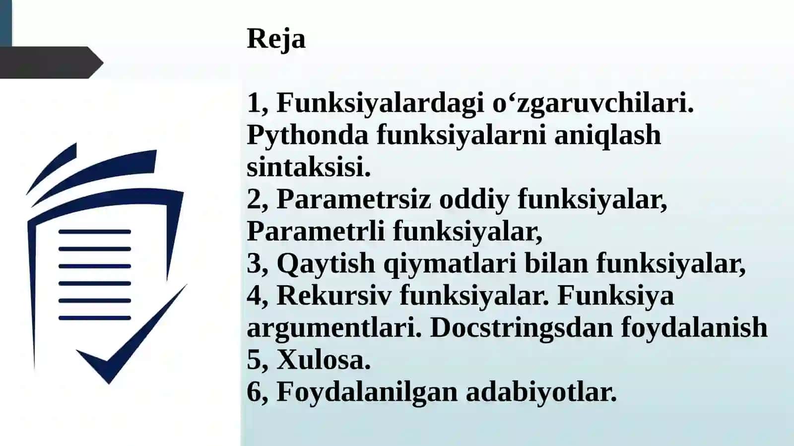 PYTHON DASTURLASH TILIDA DEF FUNKSIYASI. PYTHONDA FUNKSIYALARNI TEKSHIRISH UNITTEST MODULI. 2