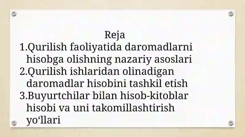 Qurilish ishlarini bajarishdan olingan daromadlar va buyurtchilar bilan hisob-kitoblarning hisobi 2