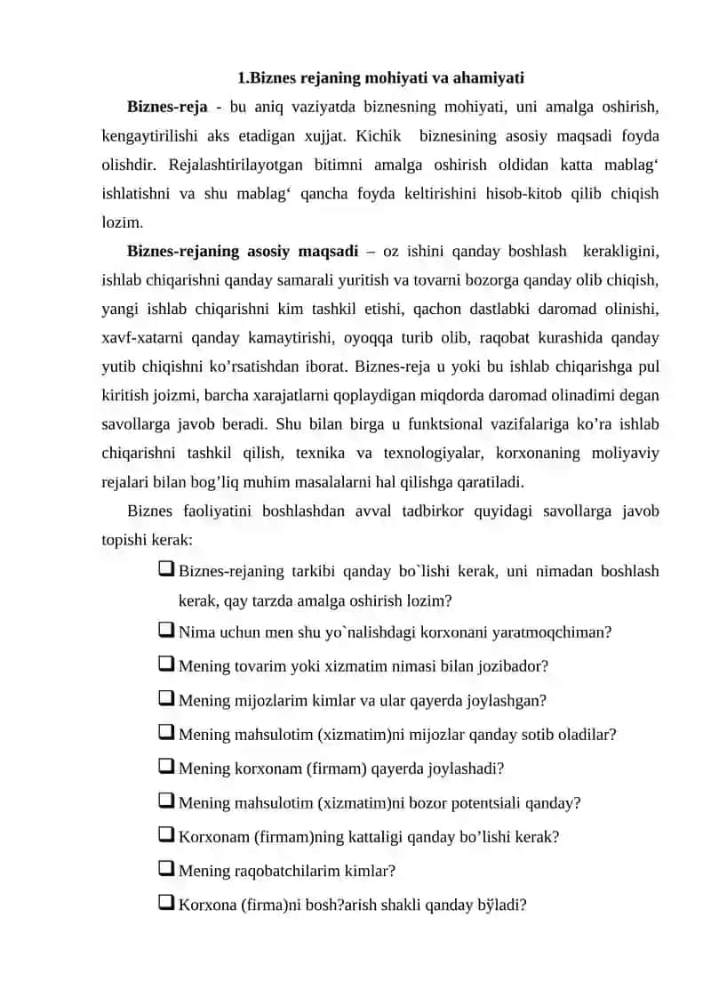 BIZNES FAOLIYATIDA BIZNES REJASINI ISHLAB CHIQISH TARTIBI 2