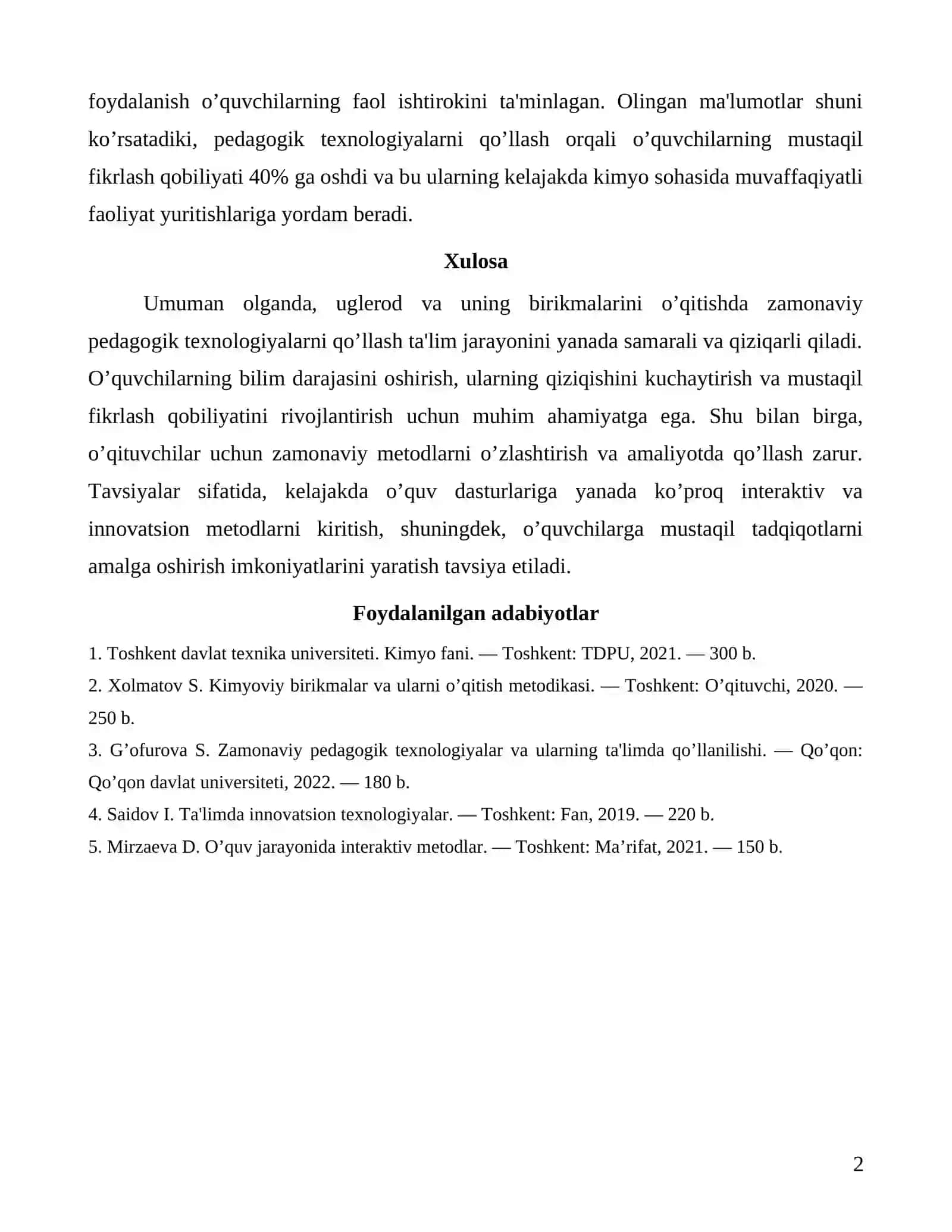 Uglerod va uning birikmalari mavzularini o’qitishda zamonaviy pedagogik texnologiyalarni qo’llash 2