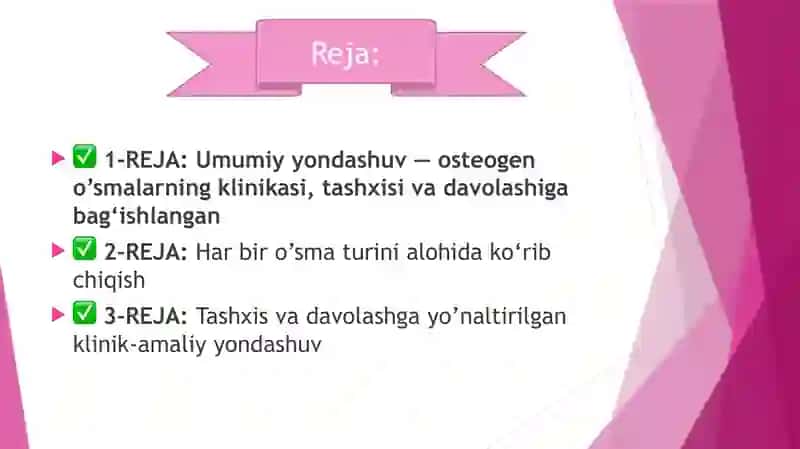 Xavfsiz osteogen o’smalar.Klinikasi,tashxisi,davolash (osteoma,osteoid-osteoma,osteoblastoma, xondroma,osteoxondroma, gigant hujayrali o’sma) 2