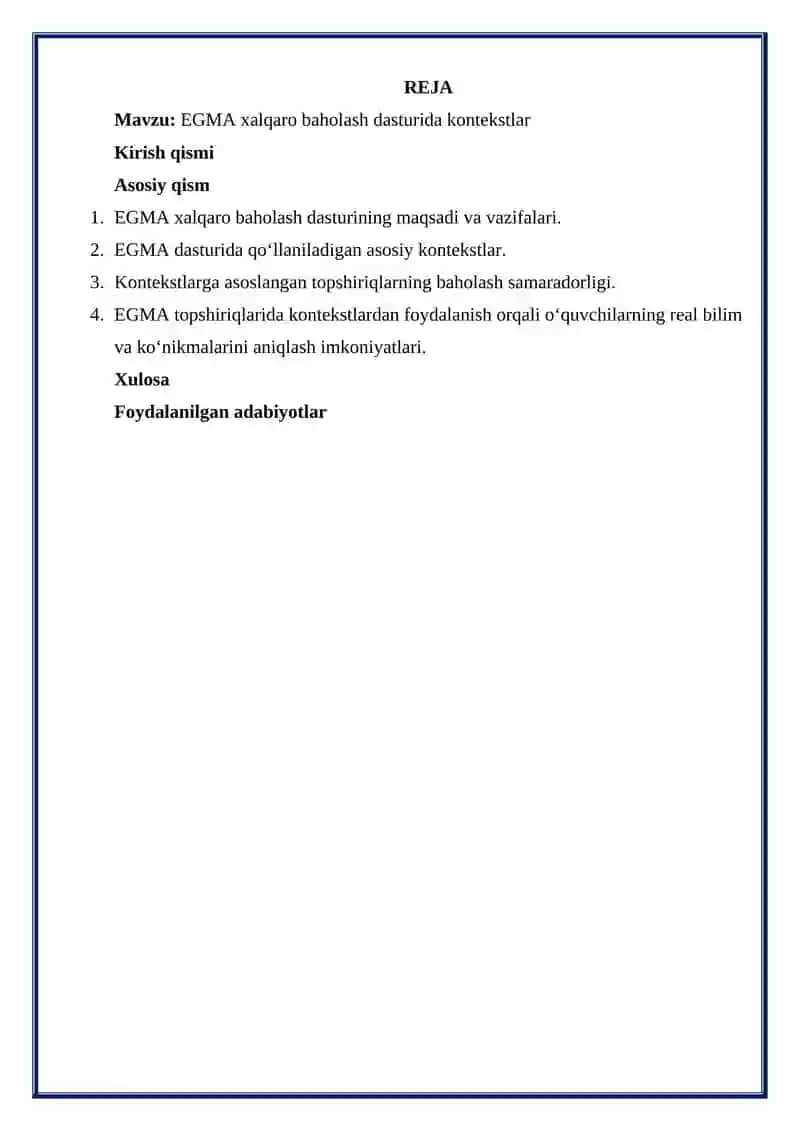 EGMA xalqaro baxolash tizimi dasturida kontekstlar mavzusiga referat 2