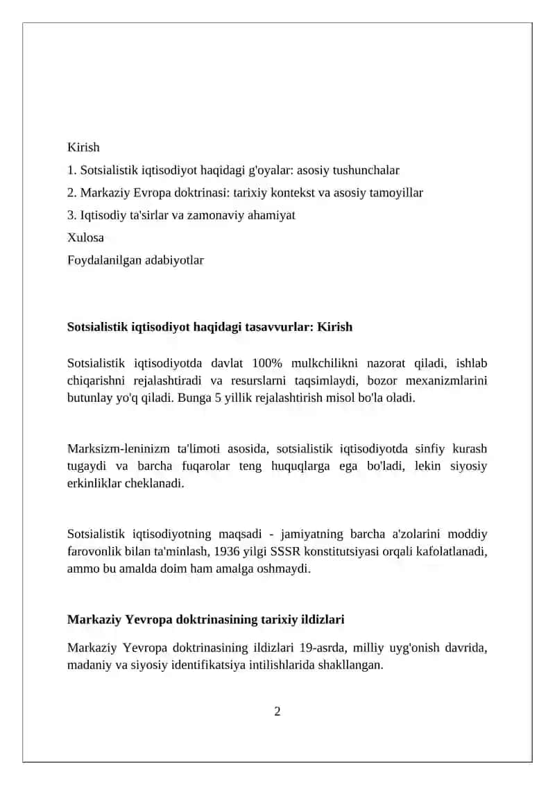 Sotsialistik iqtisodiyot to'g'risidagi fikrlar, Markaziy Yevropa ta'limoti 2