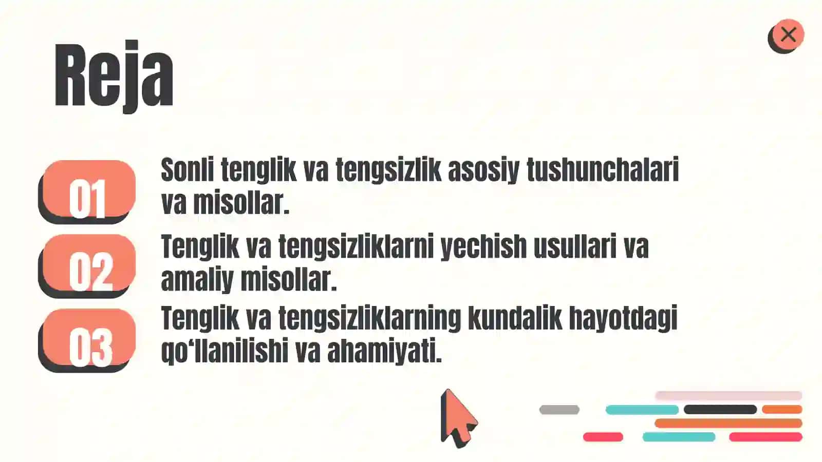 O‘quvchilarni sonli tenglik va sonli tengsizlik bilan tanishtirish 2