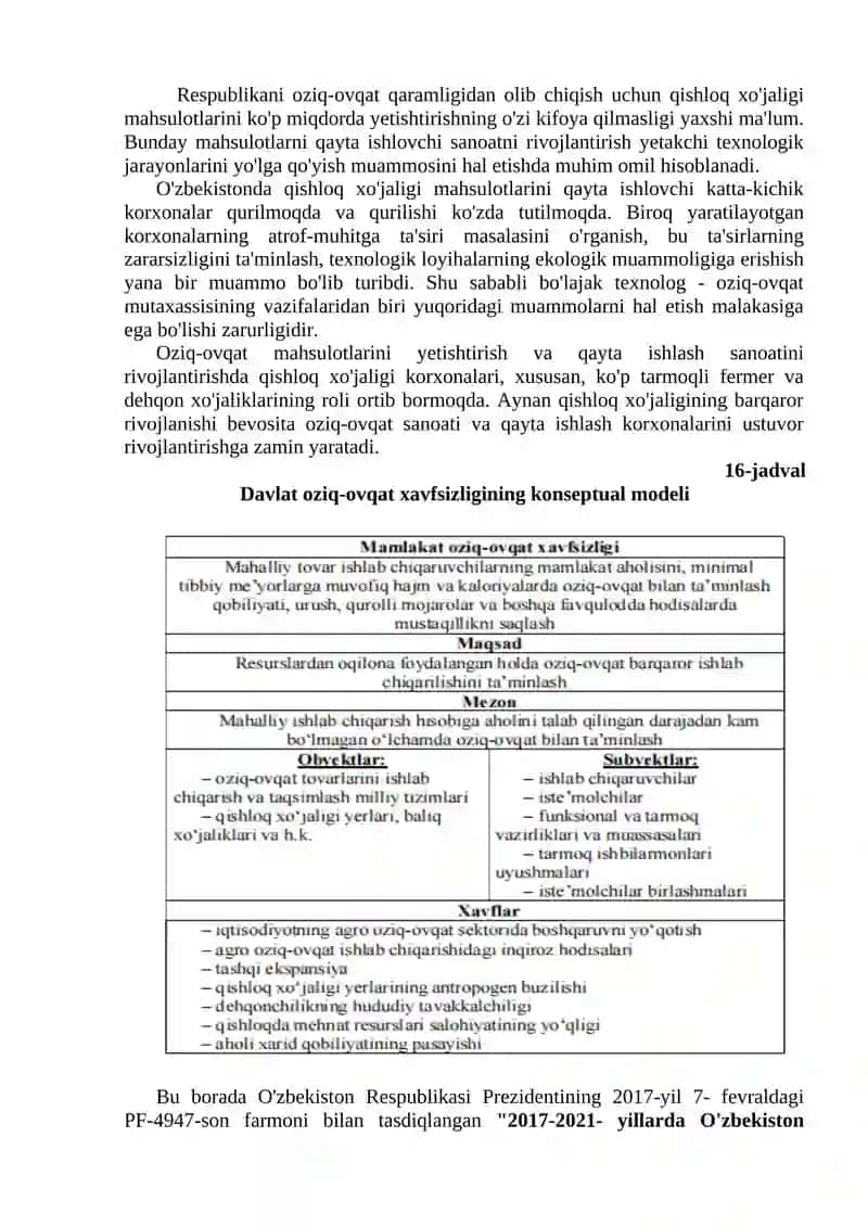 OZIQ-OVQAT XAVFSIZLIGI VA QISHLOQ XO'JALIGINI RIVOJLANTIRISH 2