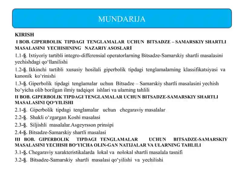 GIPERBOLIK TIPDAGI TENGLAMALAR  UCHUN BITSADZE-SAMARSKIY SHARTLI MASALASI 2