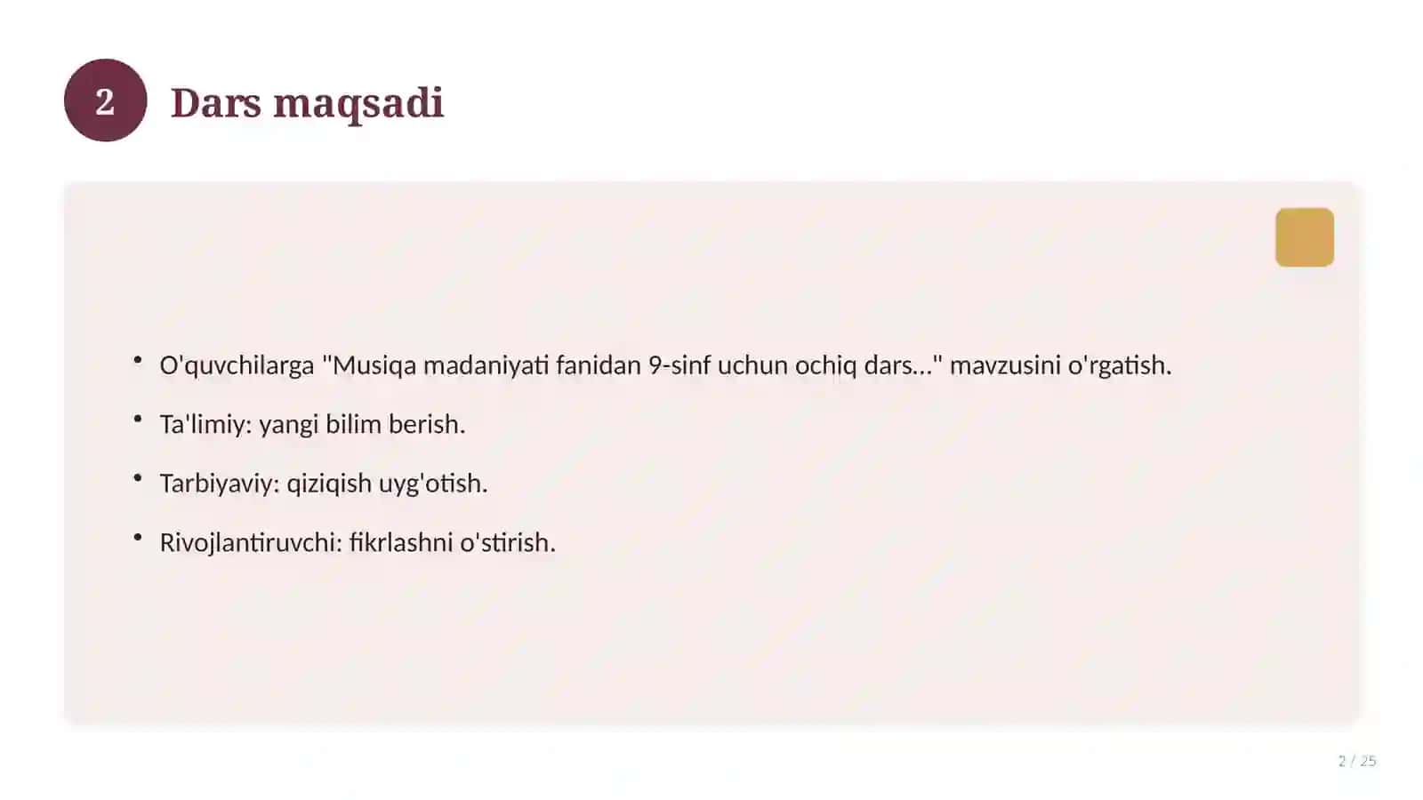 Musiqa madaniyati fanidan 9-sinf uchun ochiq dars ishlanmasi 2