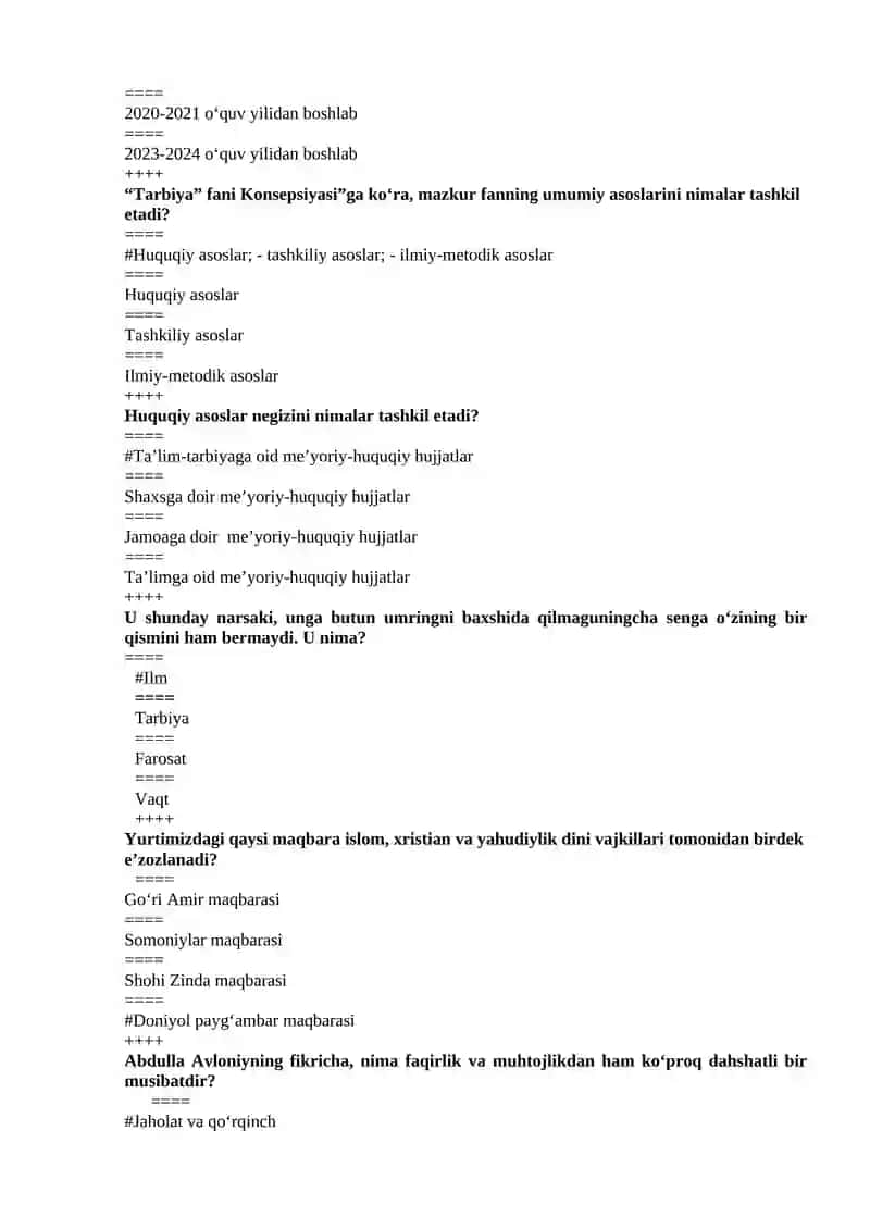 UMUMTA’LIM MAKTABLARIDA TARBIYA FANINI O‘QITISH METODIKASIDAN TEST SAVOLLARI 2