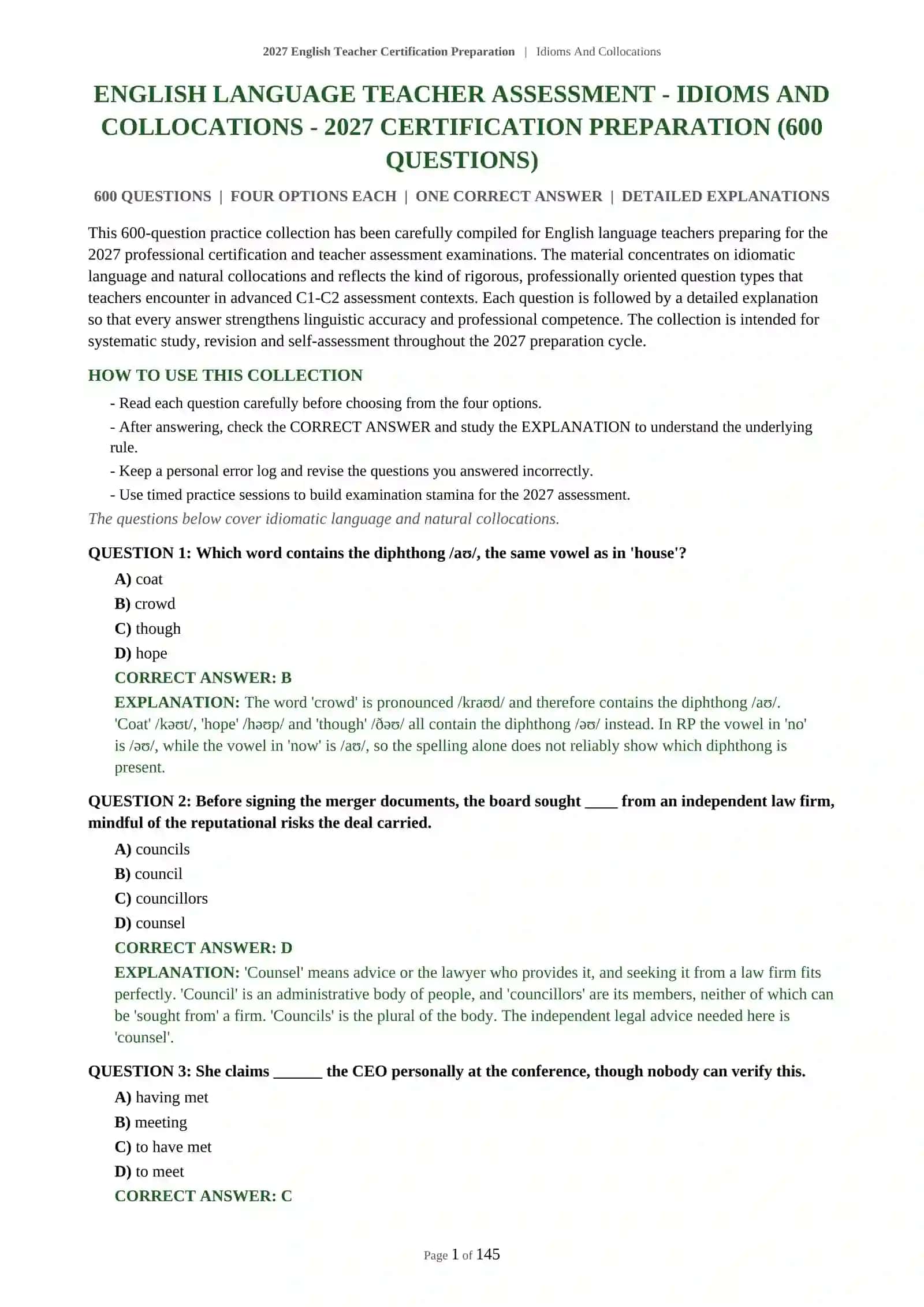 ENGLISH LANGUAGE TEACHER ASSESSMENT - IDIOMS AND COLLOCATIONS - 2027 CERTIFICATION PREPARATION 2