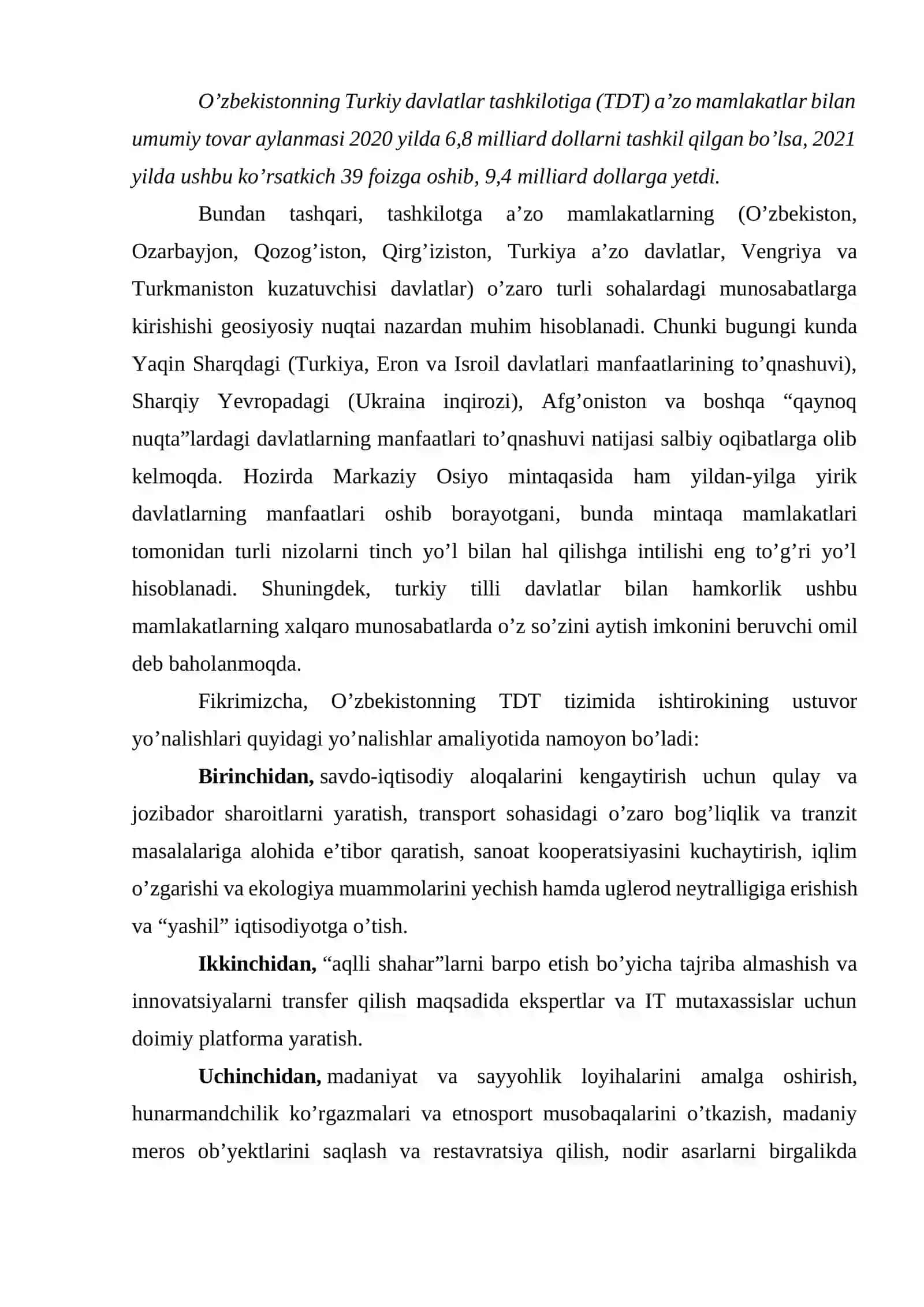 O‘zbekistonning Turkiy davlatlar tashkilotiga (TDT) a’zo mamlakatlar bilan umumiy tovar aylanmasi 2