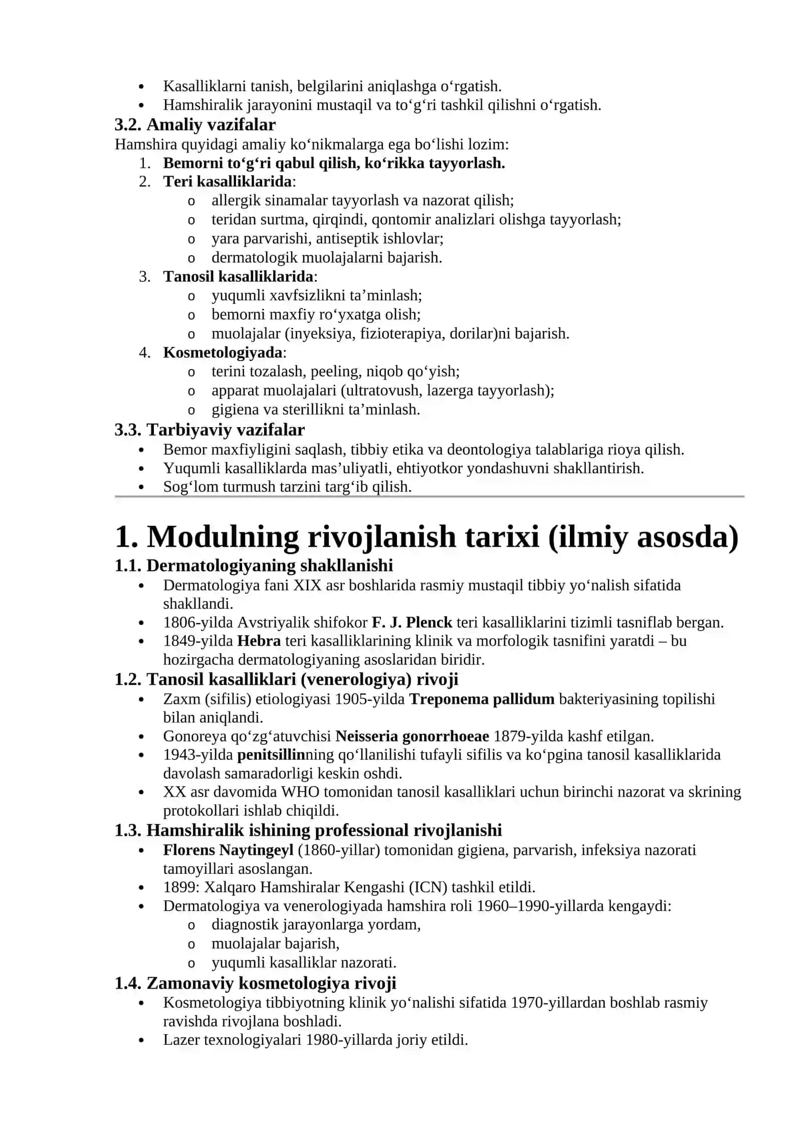Teri tanosil kasalliklari va kosmetologiyada hamshiralik ishi modulining rivojlanish tarixi, maqsad va vazifalari 2