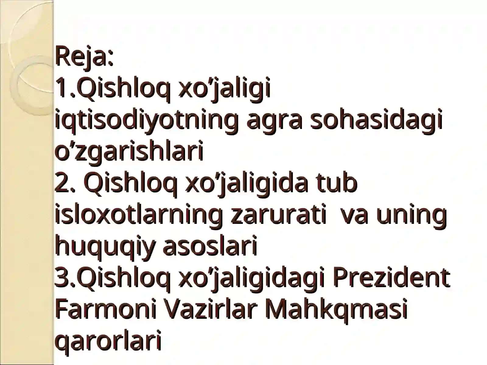 Qishloq xo’jaligi rivojlantirish bo’yicha qabul qilingan qonunlar Prezident farmonlari Vazirlar Mahkamasi qarorlari 2