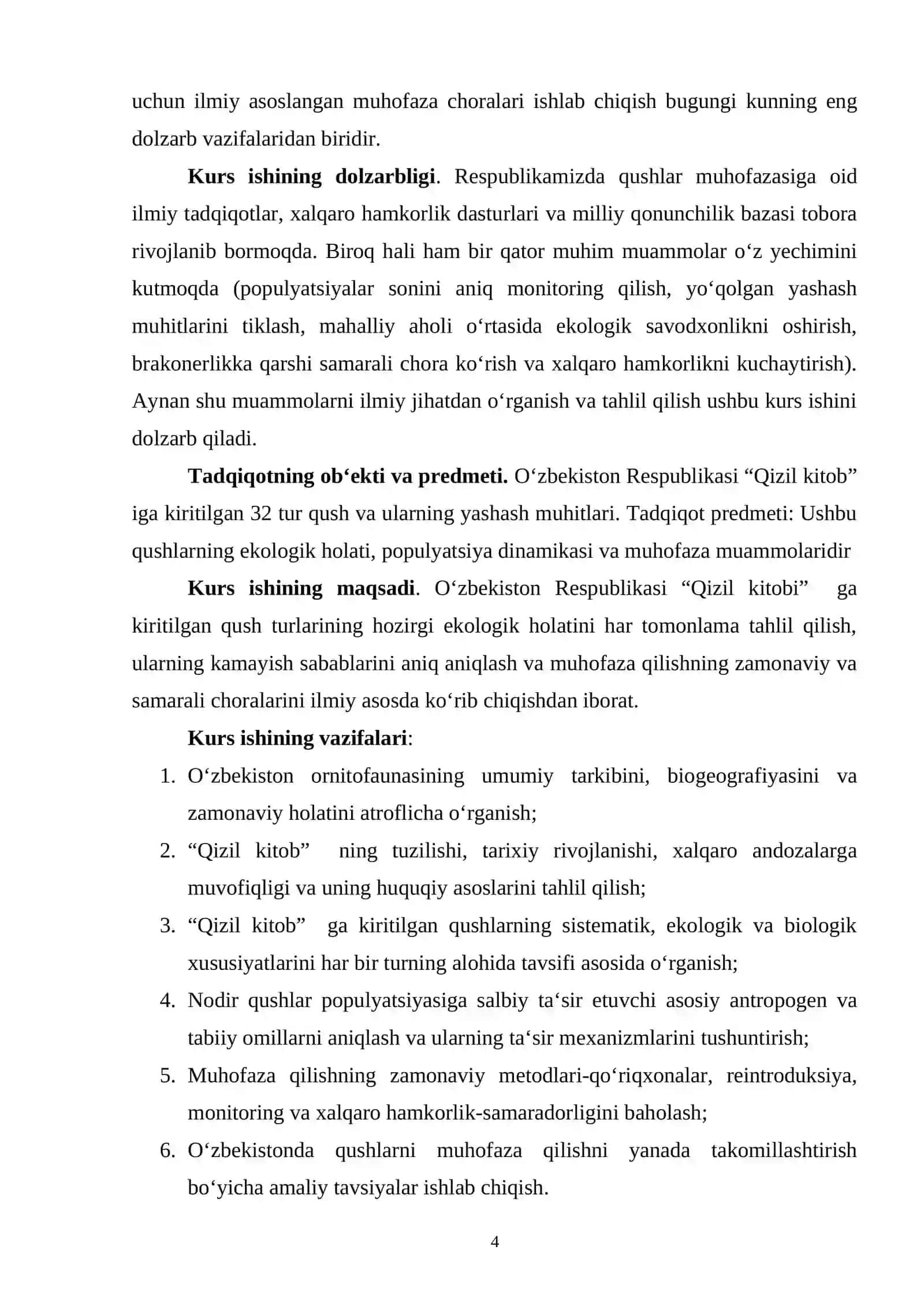 O‘zbekiston Respublikasi “Qizil kitobi”ga kiritilgan qushlarning hozirgi holati va muhofaza qilish choralari 2