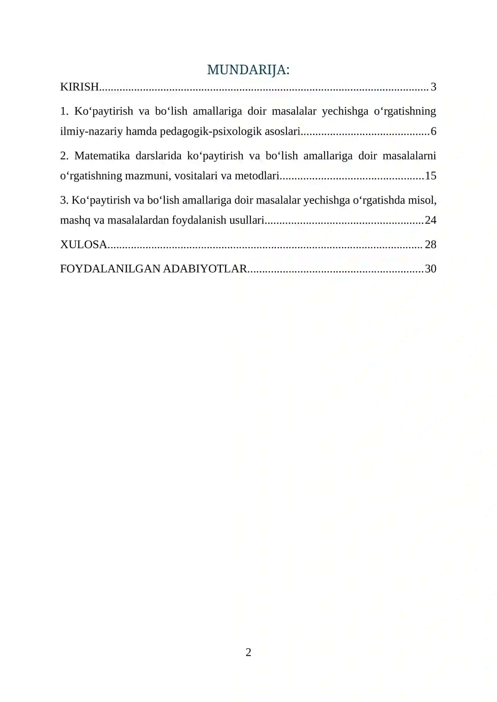 KO‘PAYTIRISH VA BO‘LISH AMALLARIGA DOIR MASALALAR YECHISHGA O‘RGATISH METODIKASI 2