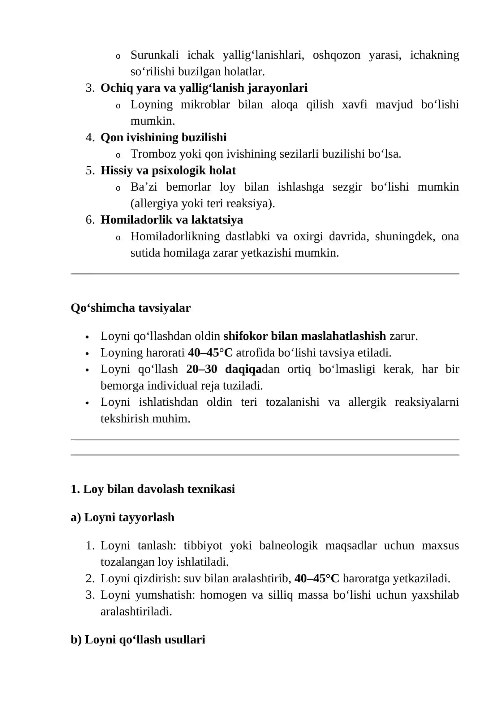 Loy bilan davolash uchun korsatma va moneliklarni aniq ko‘rsatib berish 2